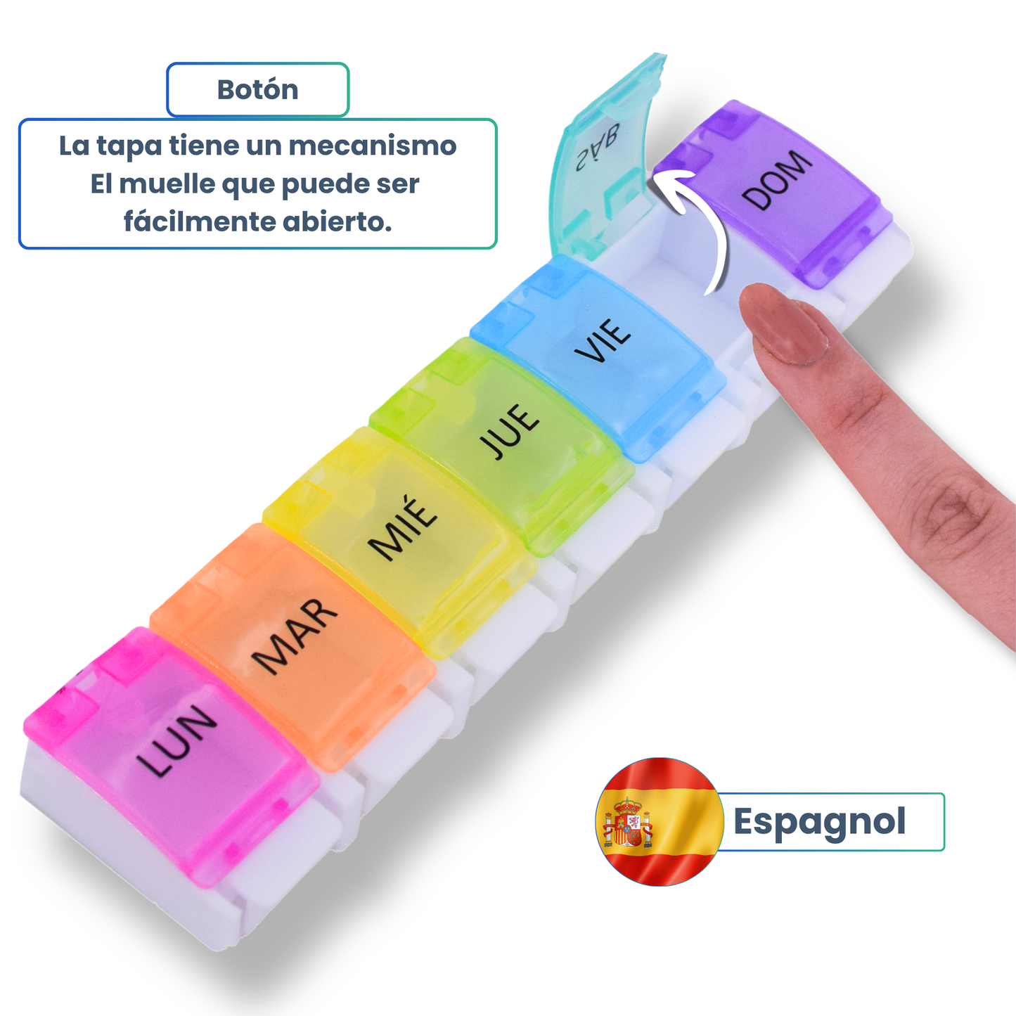 PILULIER SEMAINIER 1 PRISE (Barrette Ă  boutons) Espagnol