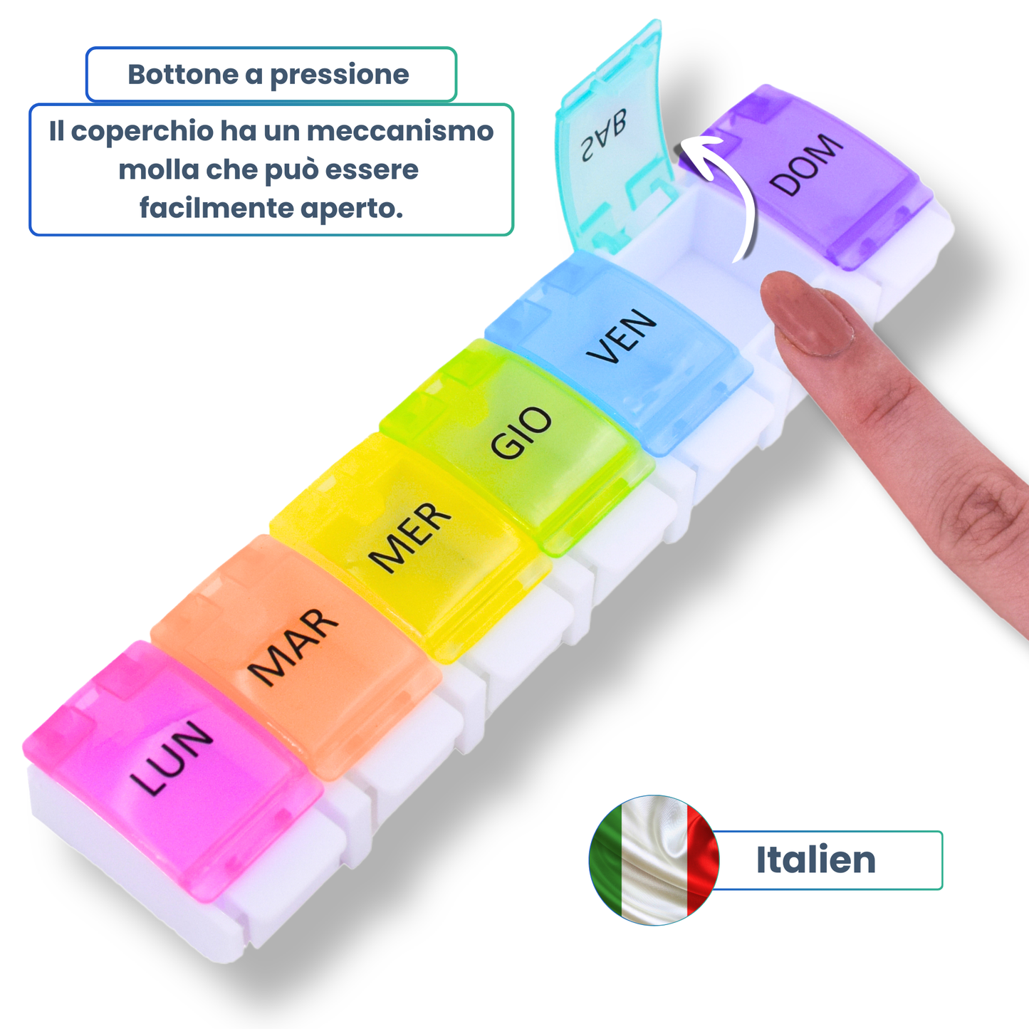 PILULIER SEMAINIER 1 PRISE (Barette Ă  boutons) Italien