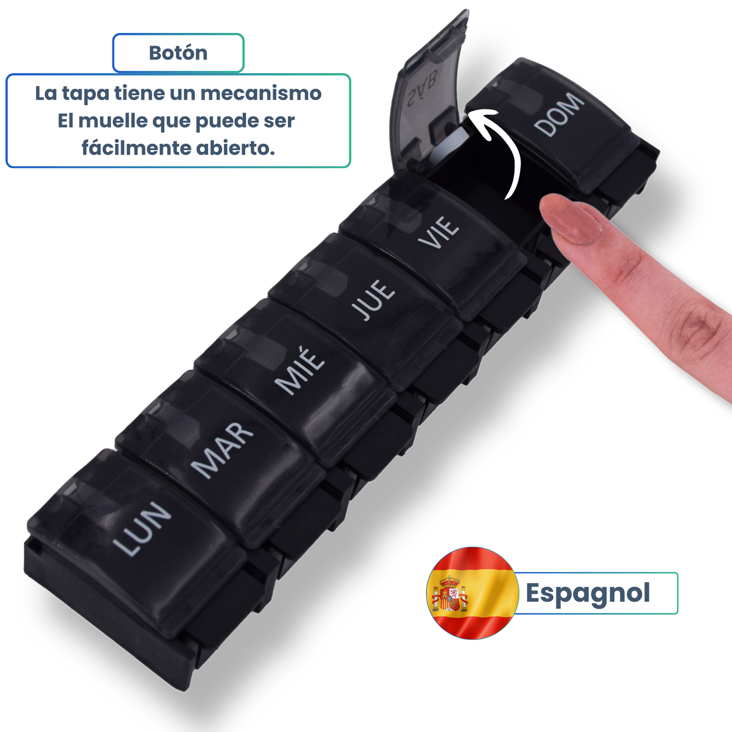 PILULIER SEMAINIER 1 PRISE (Barrette Ă  boutons) Espagnol