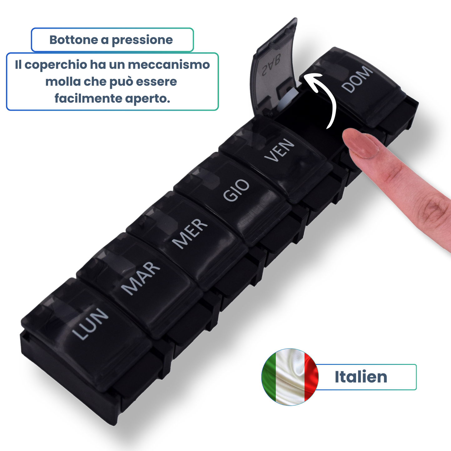 PILULIER SEMAINIER 1 PRISE (Barette Ă  boutons) Italien