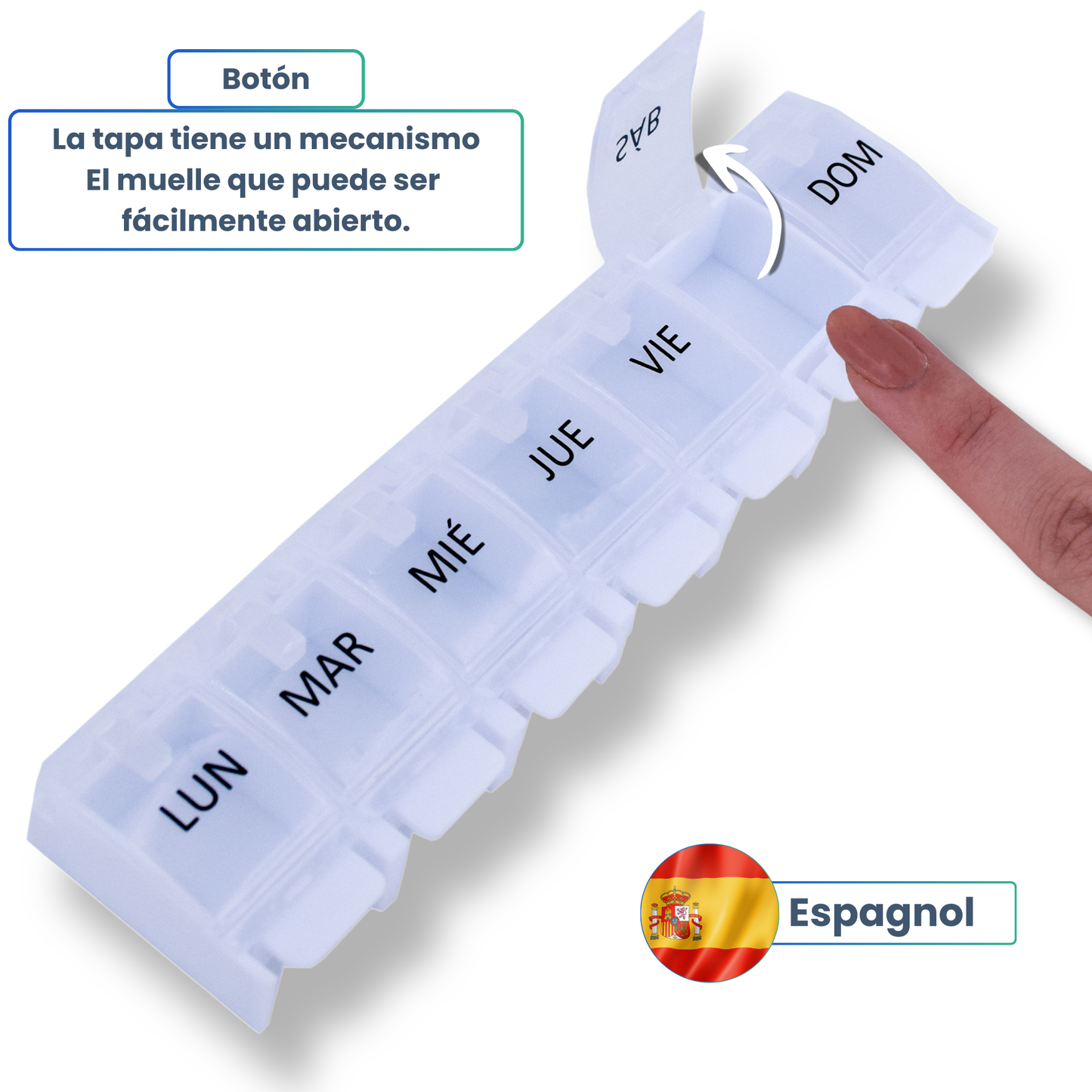 PILULIER SEMAINIER 1 PRISE (Barrette Ă  boutons) Espagnol