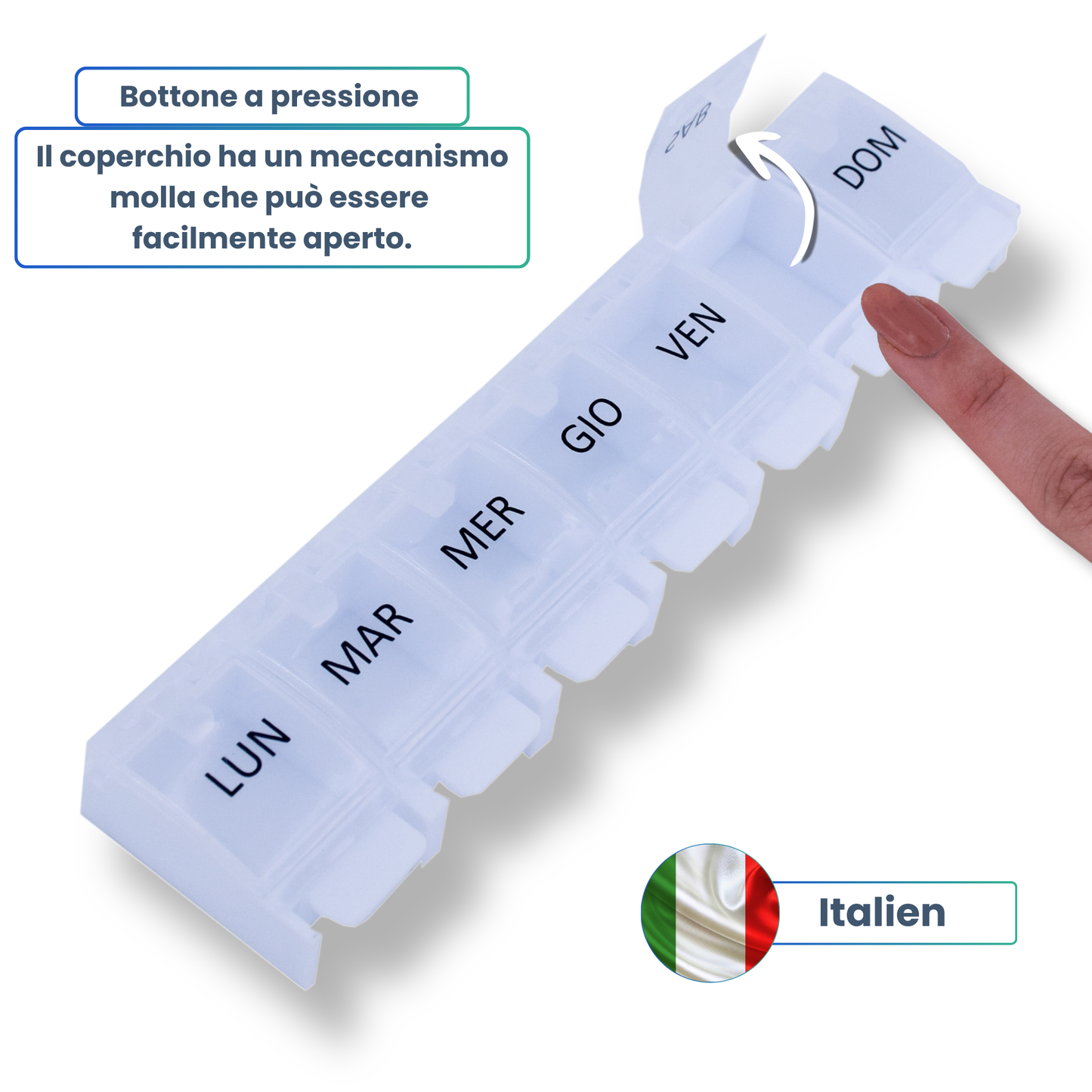 PILULIER SEMAINIER 1 PRISE (Barette Ă  boutons) Italien